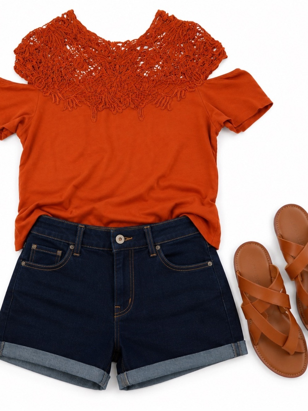 VENUS rust Crochet peep shoulder Short Sleeve Top